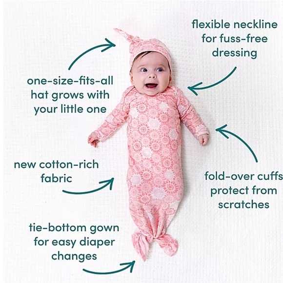 Aden + Anais Comfort Knit Knotted Newborn Baby Gown and Hat, 2PC Set, 0-3 Months